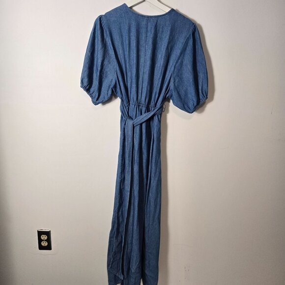 Old Navy Women's Size XL Fit & Flare Twist-Front Denim Maxi Dress Puff Sleeves - Picture 6 of 9